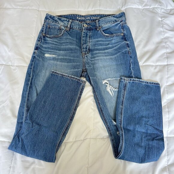 American Eagle Outfitters Denim - American Eagle Womens 2 Jeans Blue Tomgirl Straight Denim Distressed Buttons